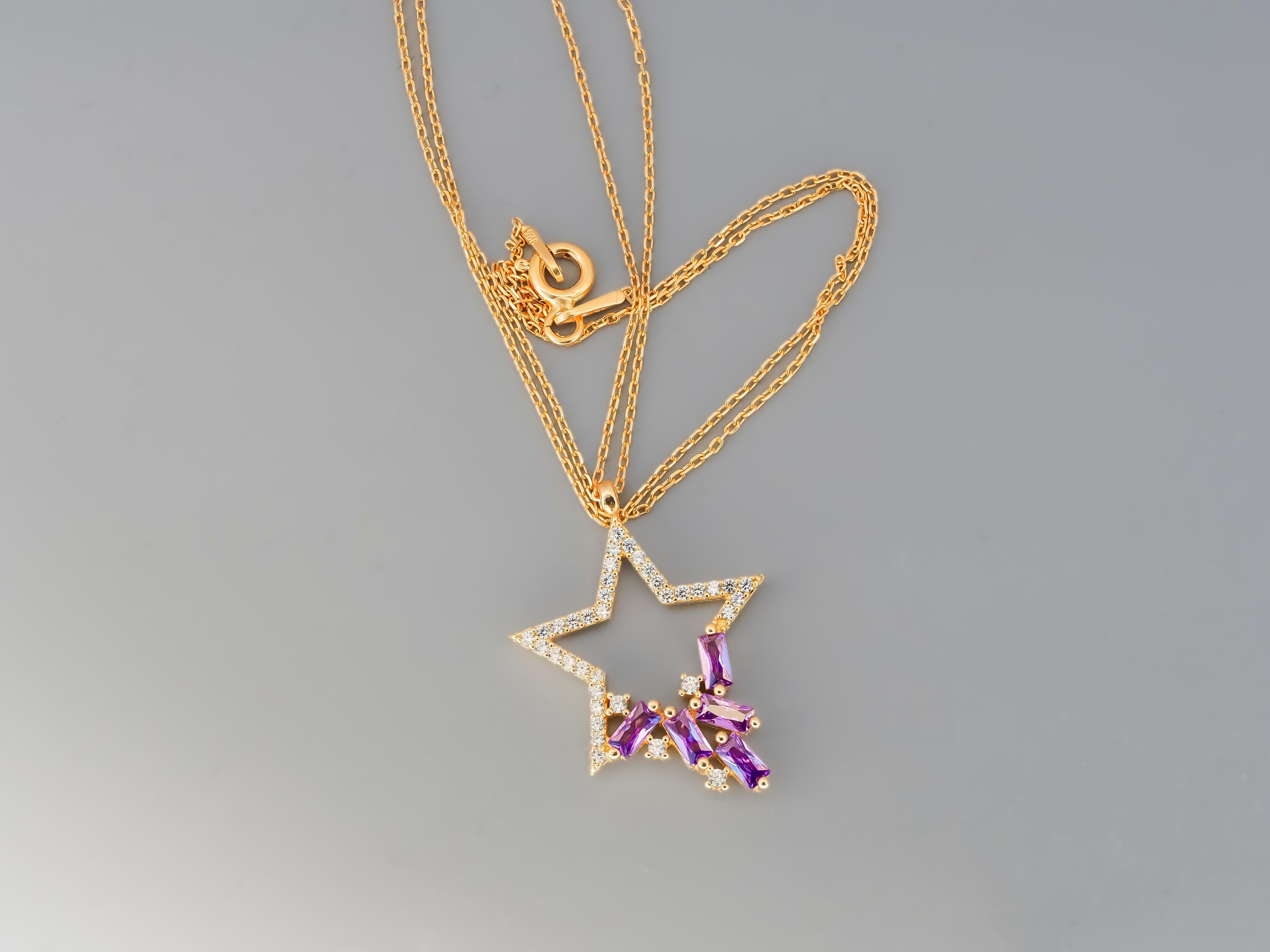 Star pendant necklace with diamonds and amethysts in 14k gold.  In New Condition In Istanbul, TR