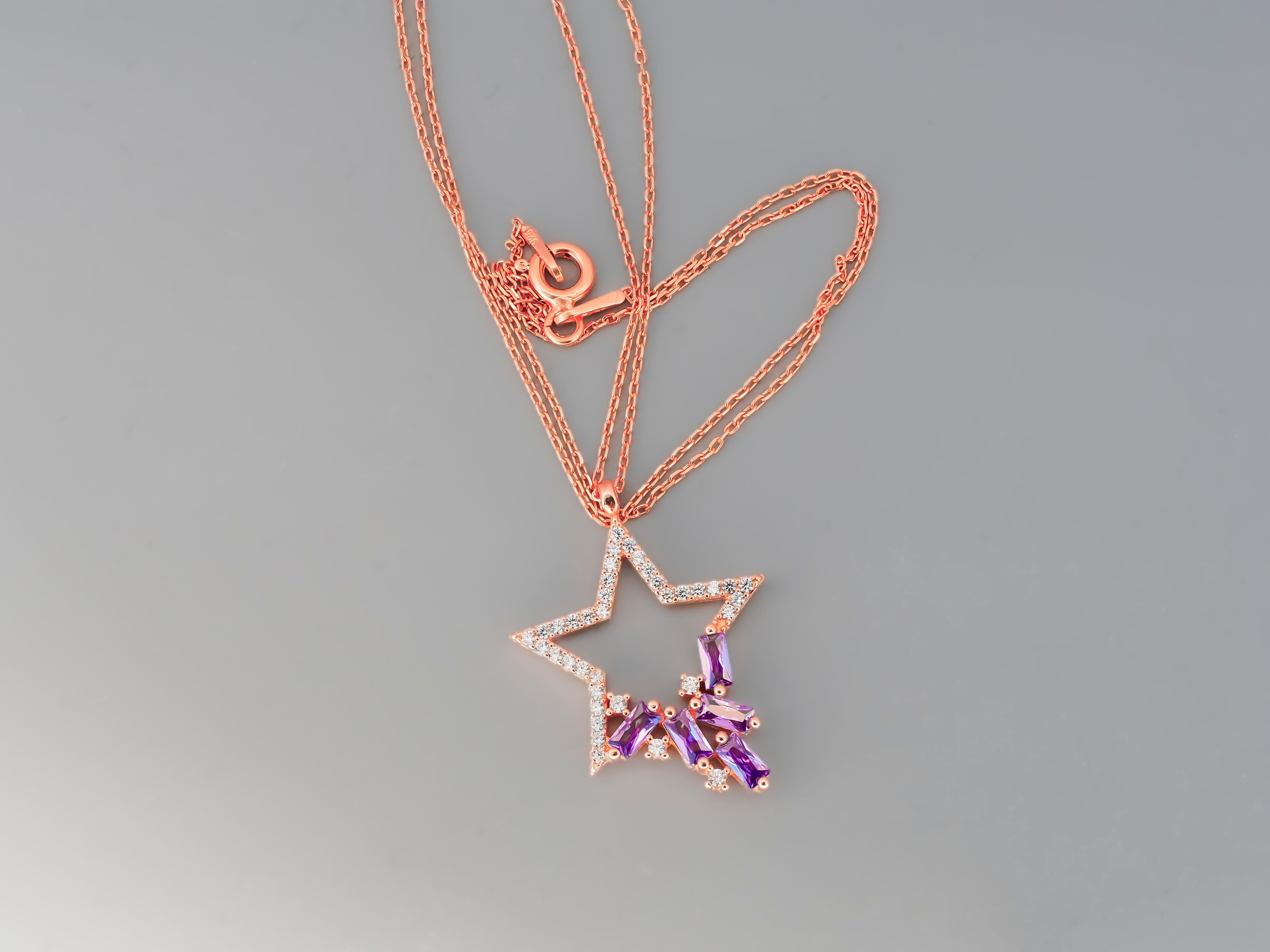 Women's or Men's Star Pendant Necklace with Diamonds and Amethysts in 14k Gold For Sale