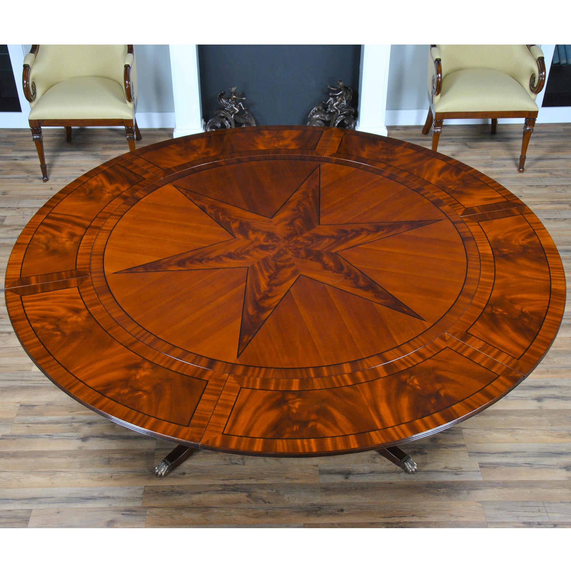 A sixty inch round Star Perimeter Dining Table is produced using the highest quality figured mahogany star in the center of the field and sapele banding around the edge of the table which makes for an interesting contrast in the pattern on the top.