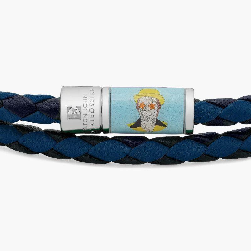 Star Pop Bracelet in Double Wrap Italian Blue and Navy Leathers, Size L

Rhodium plated base metal ‘pop’ bracelet, finished with Italian braided leather. The pop clasp has a bright Serigraphy image wrapped around it. Serigraphy, also known as silk