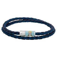 Star Pop-Armband aus italienischem blauem und marineblauem Leder mit doppelter Wickelung, Größe L