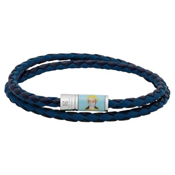 Star Pop Bracelet in Double Wrap Italian Blue and Navy Leathers, Size M For Sale