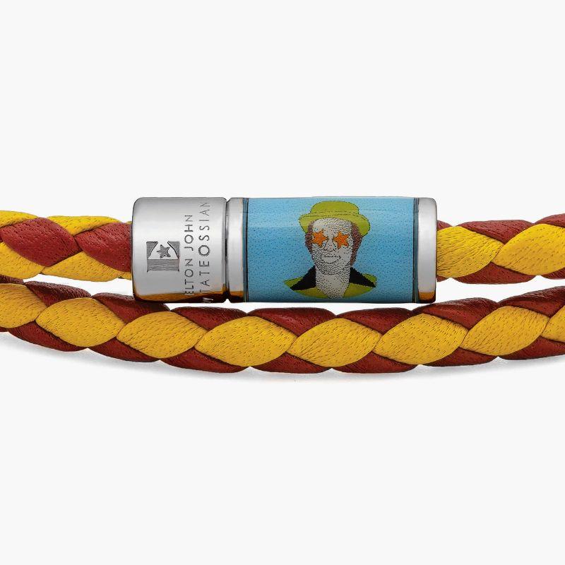 Star Pop Bracelet in Double Wrap Italian Red and Yellow Leather, Size L

Rhodium plated base metal ‘pop’ bracelet, finished with Italian braided leather. The pop clasp has a bright Serigraphy image wrapped around it. Serigraphy, also known as silk