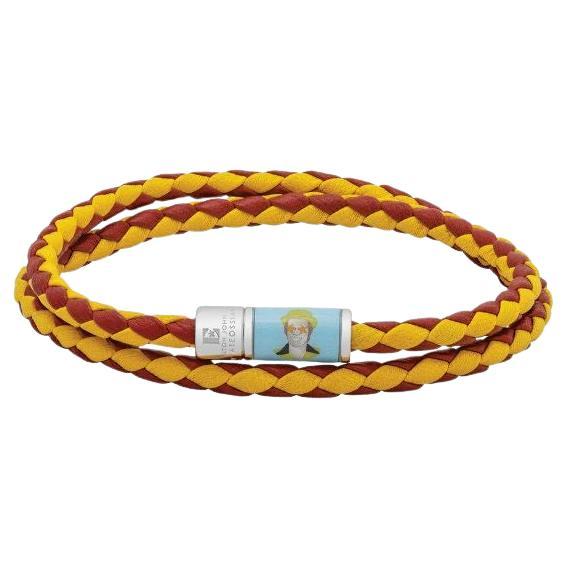 Star Pop Bracelet in Double Wrap Italian Red and Yellow Leather, Size L For Sale