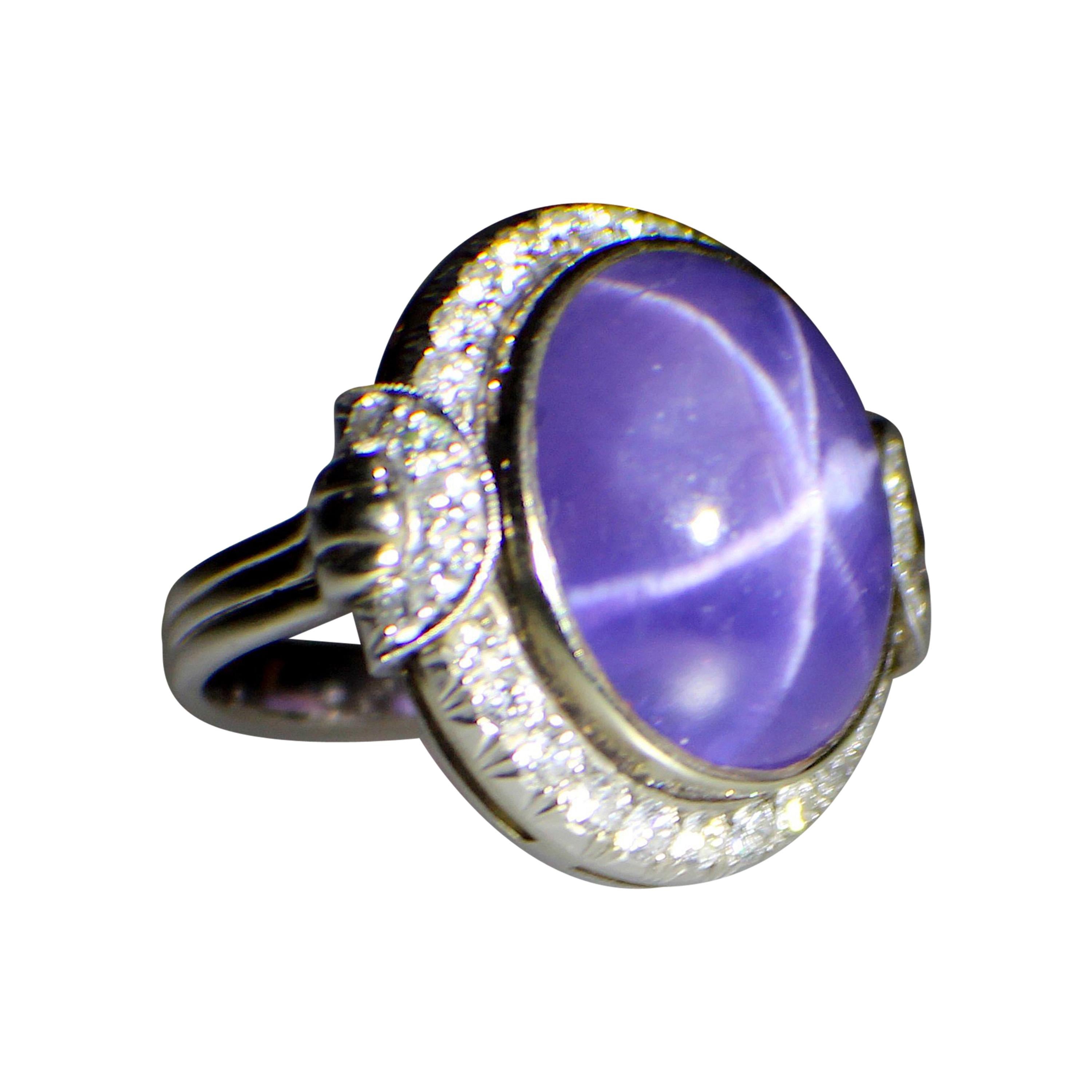GEMOLITHOS Star Purple Sapphire and Diamond Ring, 1930s For Sale
