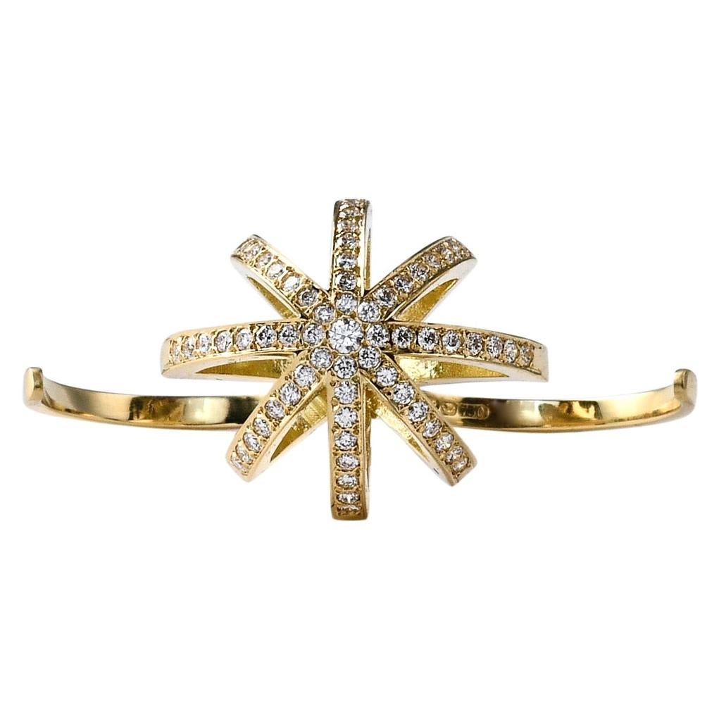 Star Ring in 18K Yellow Gold and White Diamonds Two Finger Gold and Diamond Ring For Sale