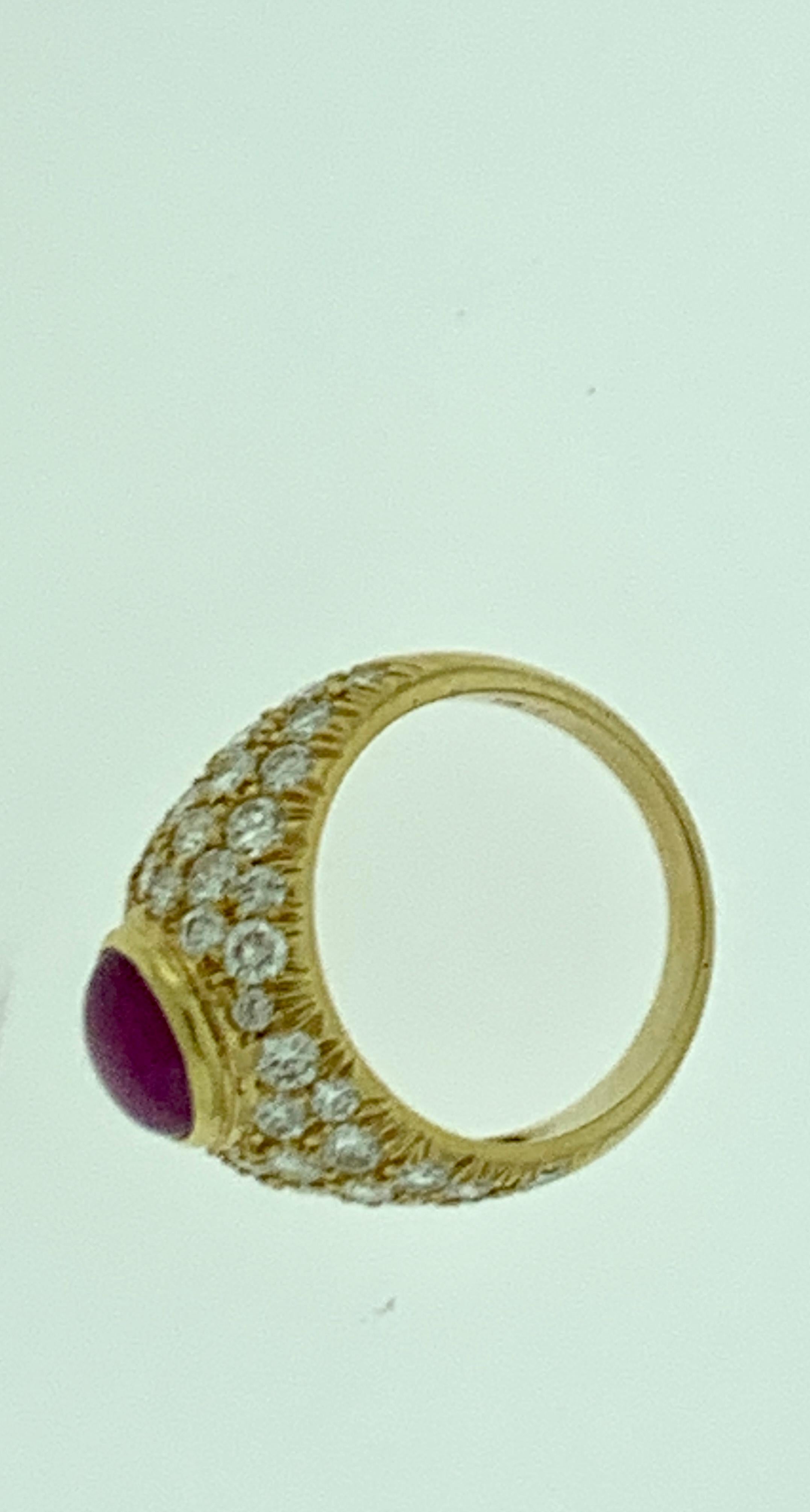 Women's Star Round Cabochon Natural Ruby and 3.5 Carat Diamond 18 Karat Yellow Gold Ring