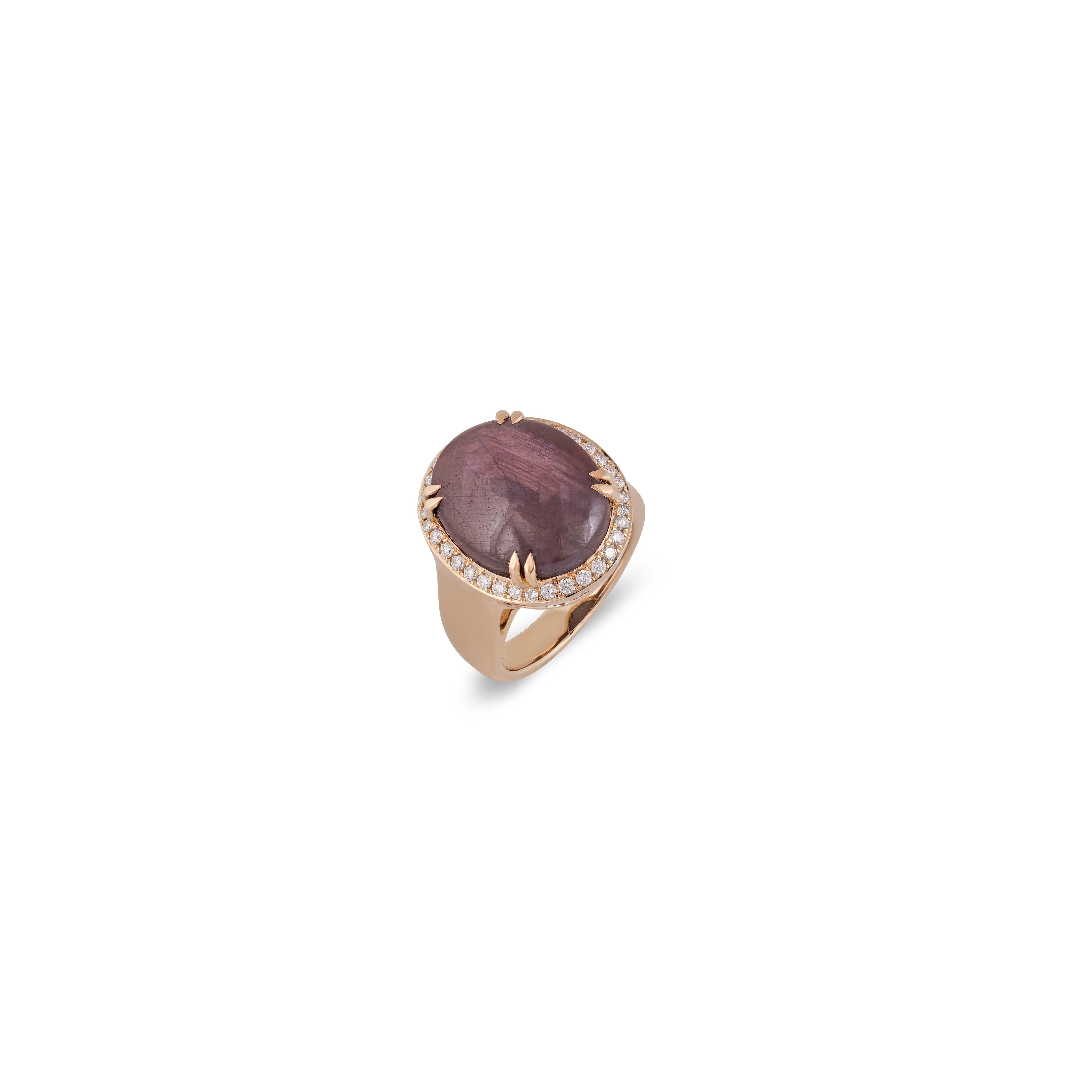Cabochon Star Ruby 6 Line & Diamond Ring in 18 Karat Yellow Gold For Sale