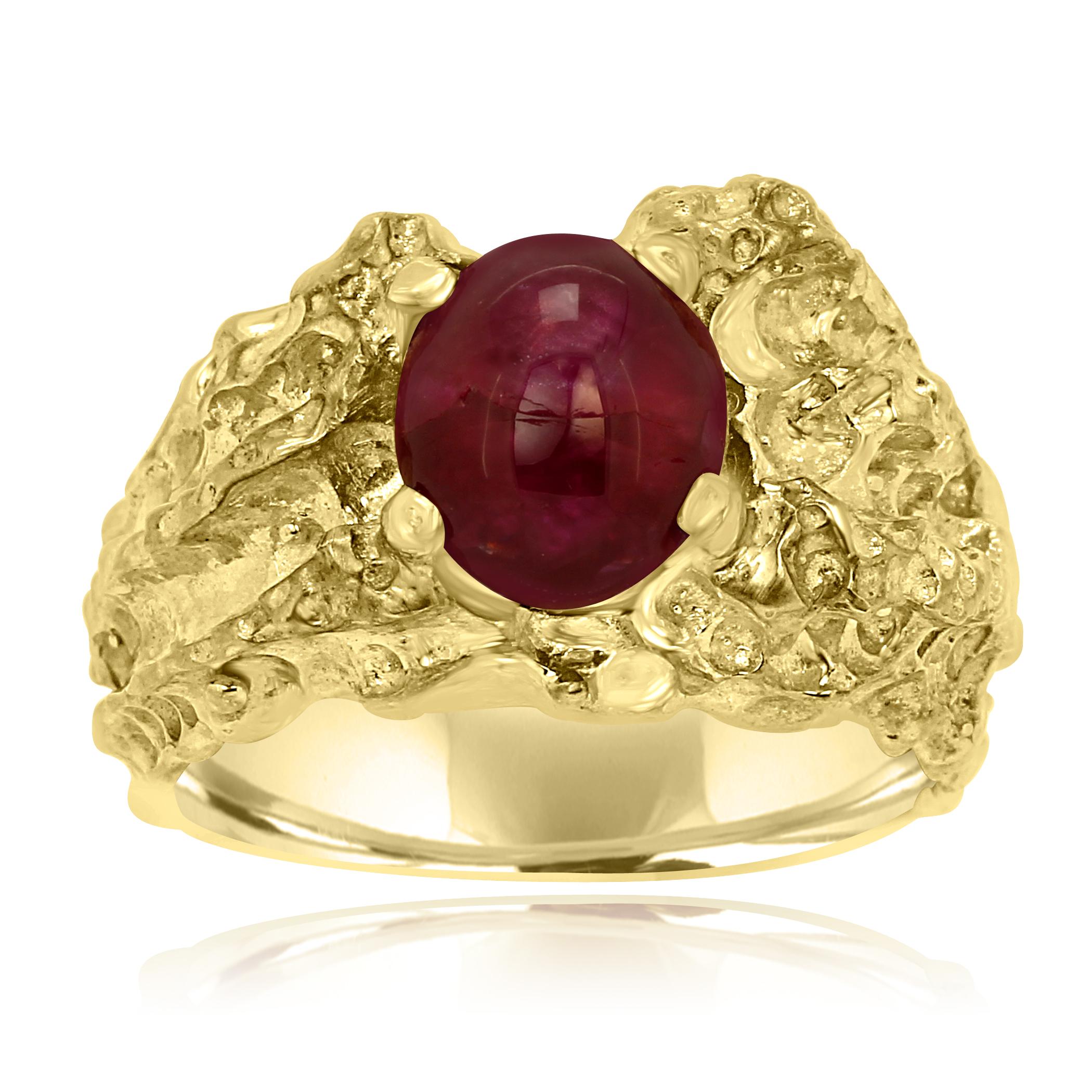 One of a Kind Stunning Star Ruby Cabochon 6.05 carat in 18K Yellow Gold Ring with raw gold and Matt finish look.