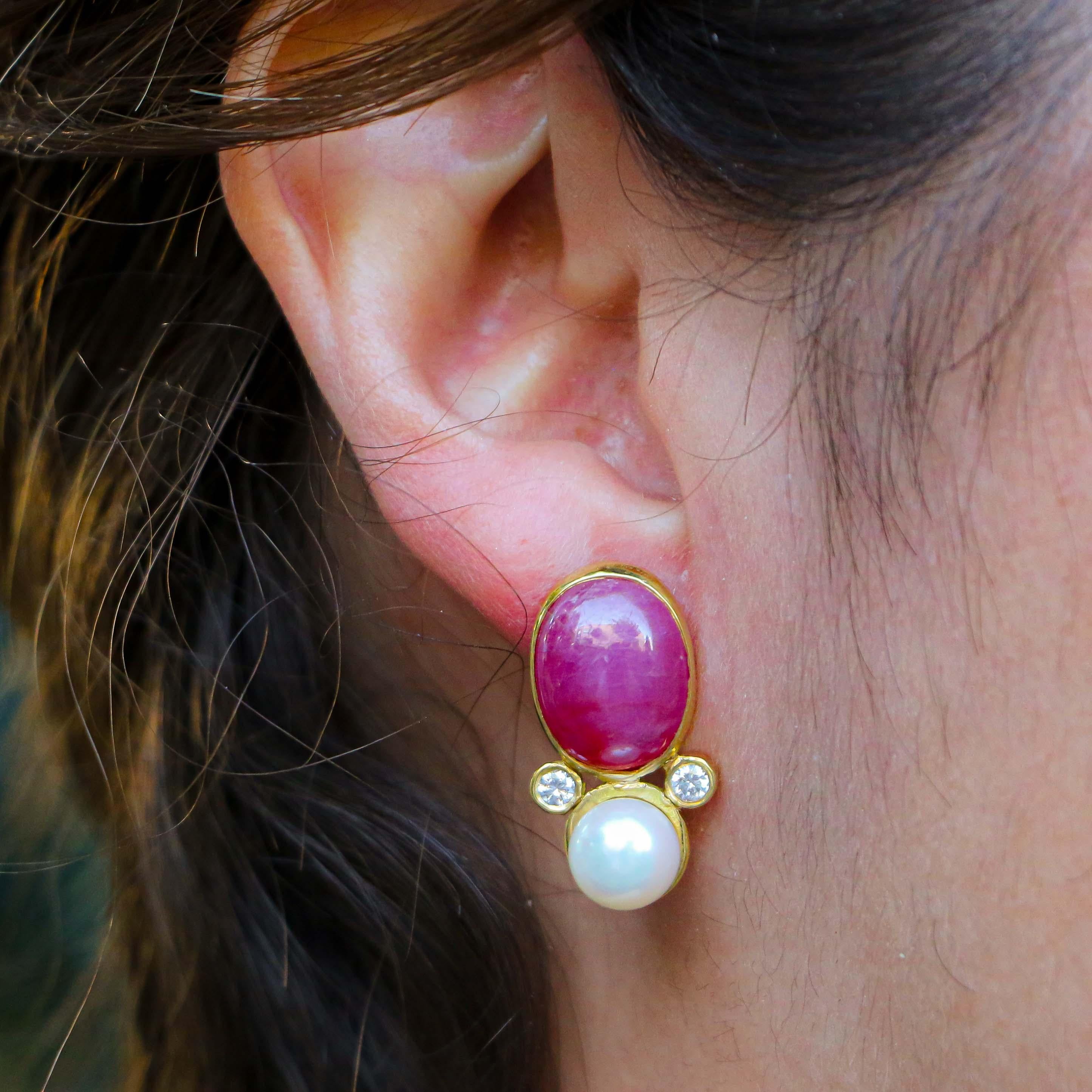 Oval Cut Star Ruby and Pearl Matching Cuff Bracelet and Earrings Set For Sale