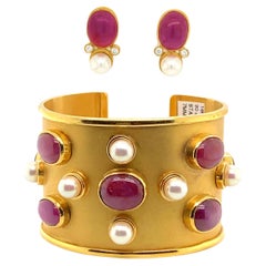 Star Ruby and Pearl Matching Cuff Bracelet and Earrings Set
