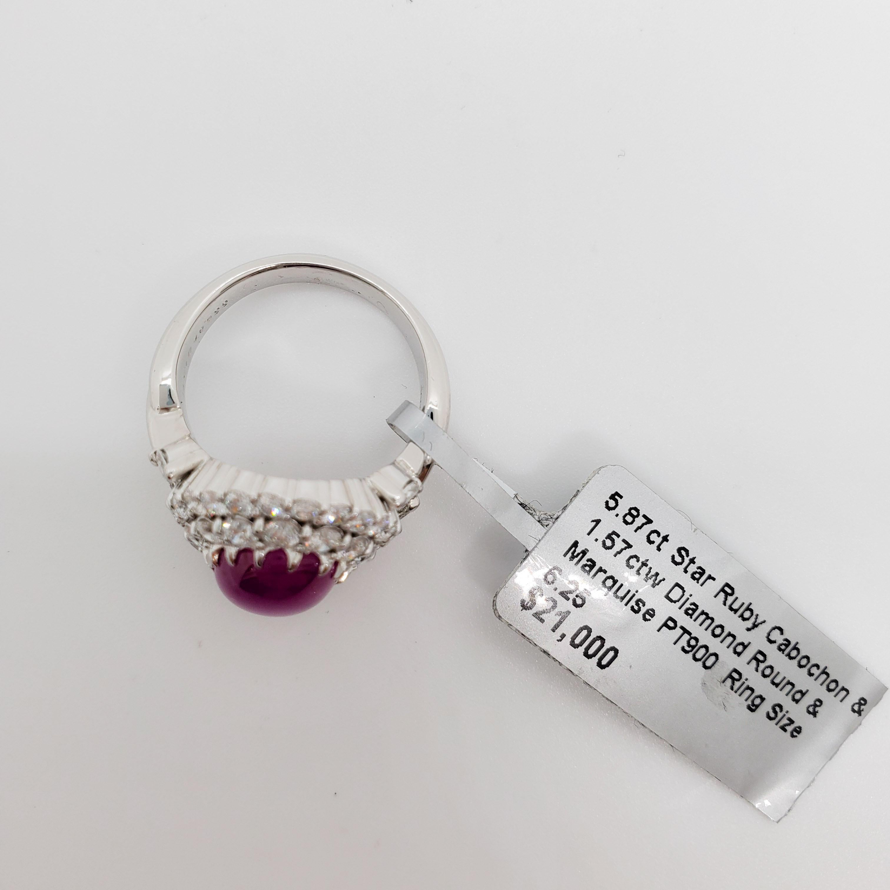 Women's or Men's Star Ruby Cabochon Oval and White Diamond Cocktail Ring