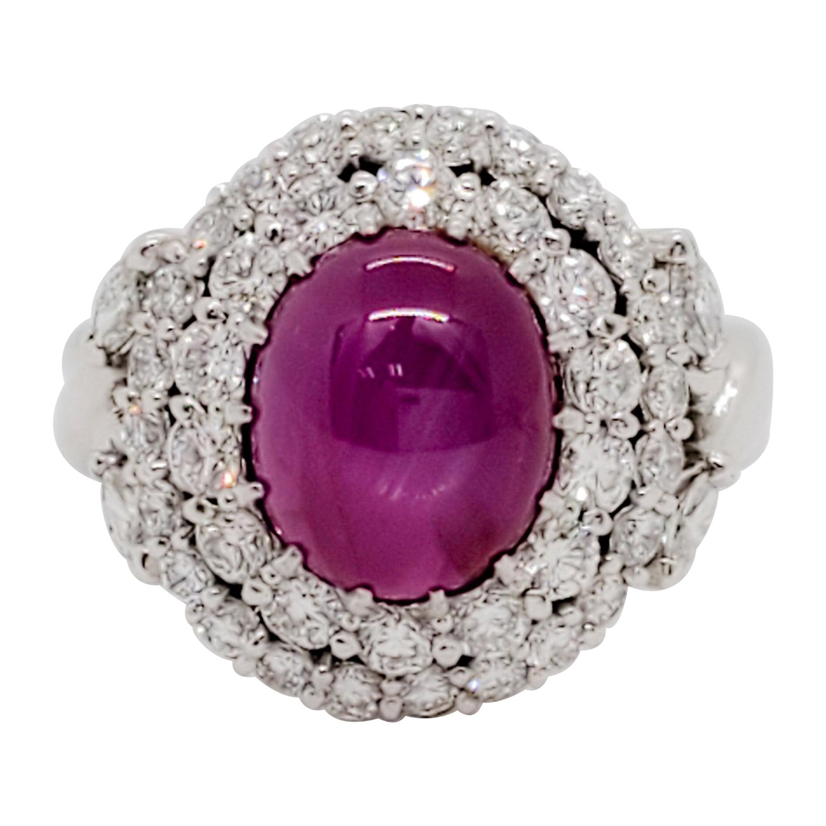 Star Ruby Cabochon Oval and White Diamond Cocktail Ring