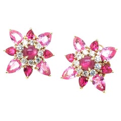 Star Ruby, Diamond, Pear-shaped Ruby and Pink Sapphire Stud Earrings in 18k Gold