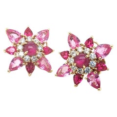 Star Ruby, Diamond, Pear-shaped Ruby and Pink Sapphire Stud Earrings in 18k Gold