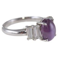 Star Ruby Diamond Platinum Ring with Baguette Diamond Side Stones