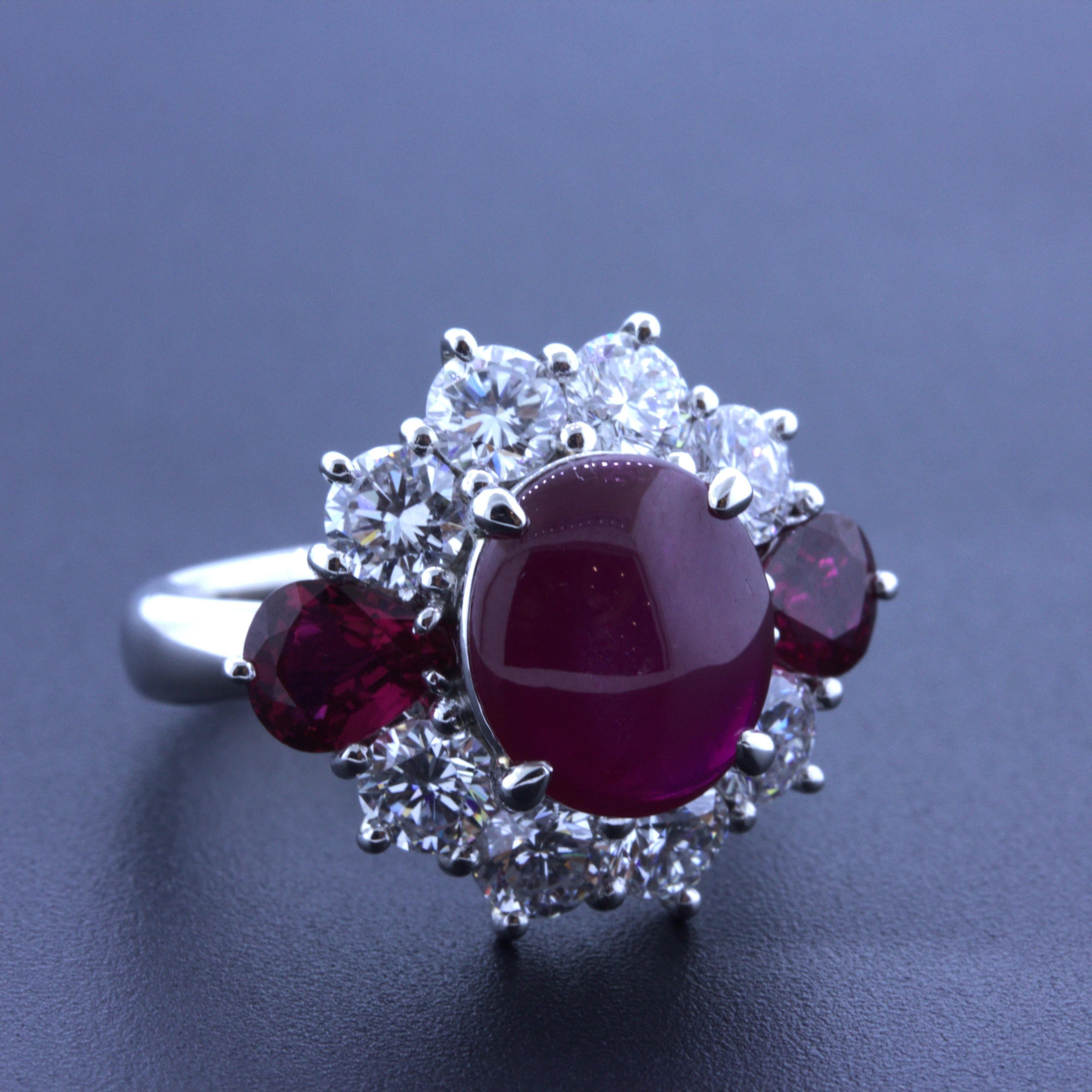 Cabochon Star Ruby Diamond Ruby Platinum Ring
