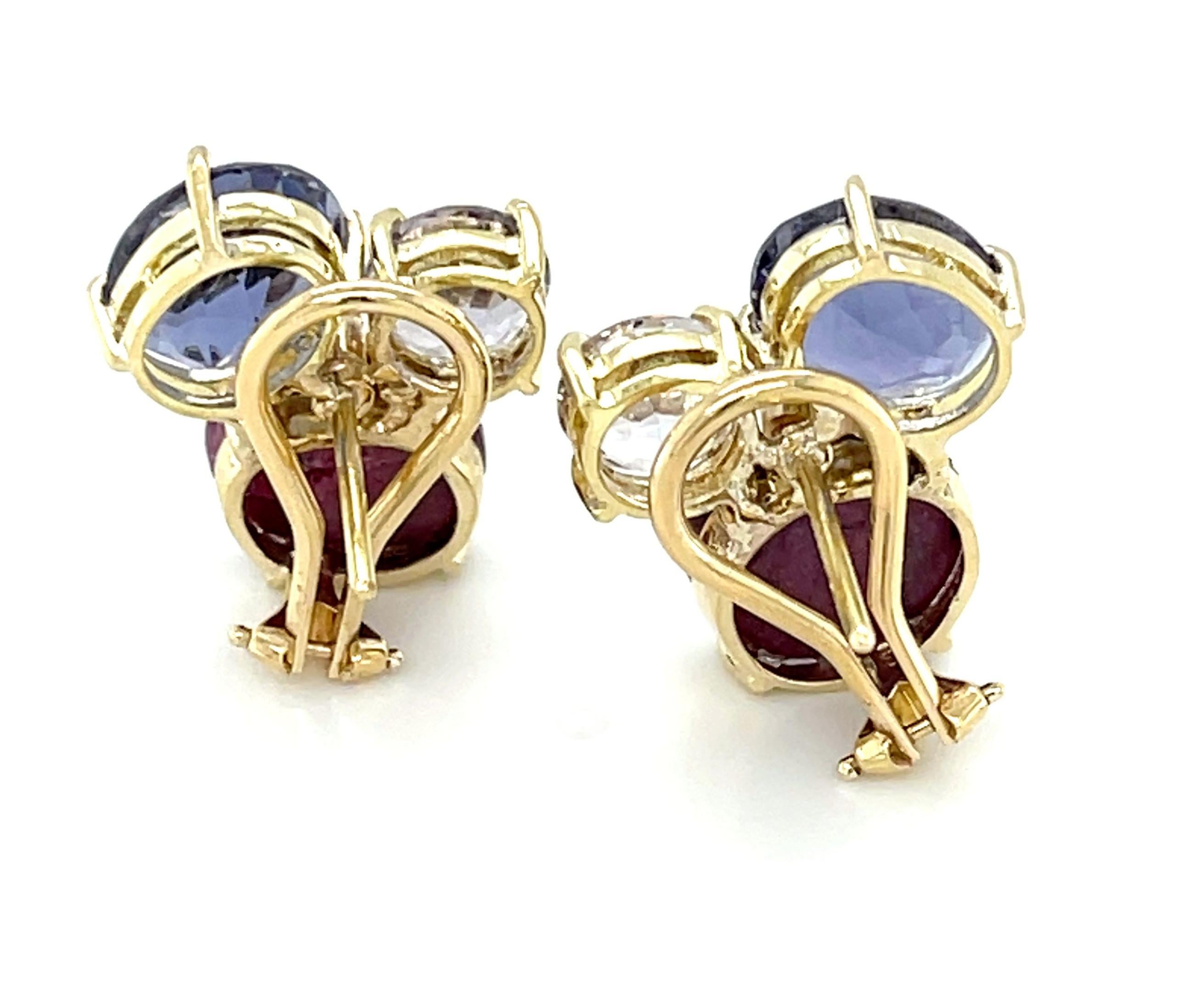 Artisan Star Ruby, Faceted Iolite and Lavender Spinel Earrings in 18k Yellow Gold For Sale