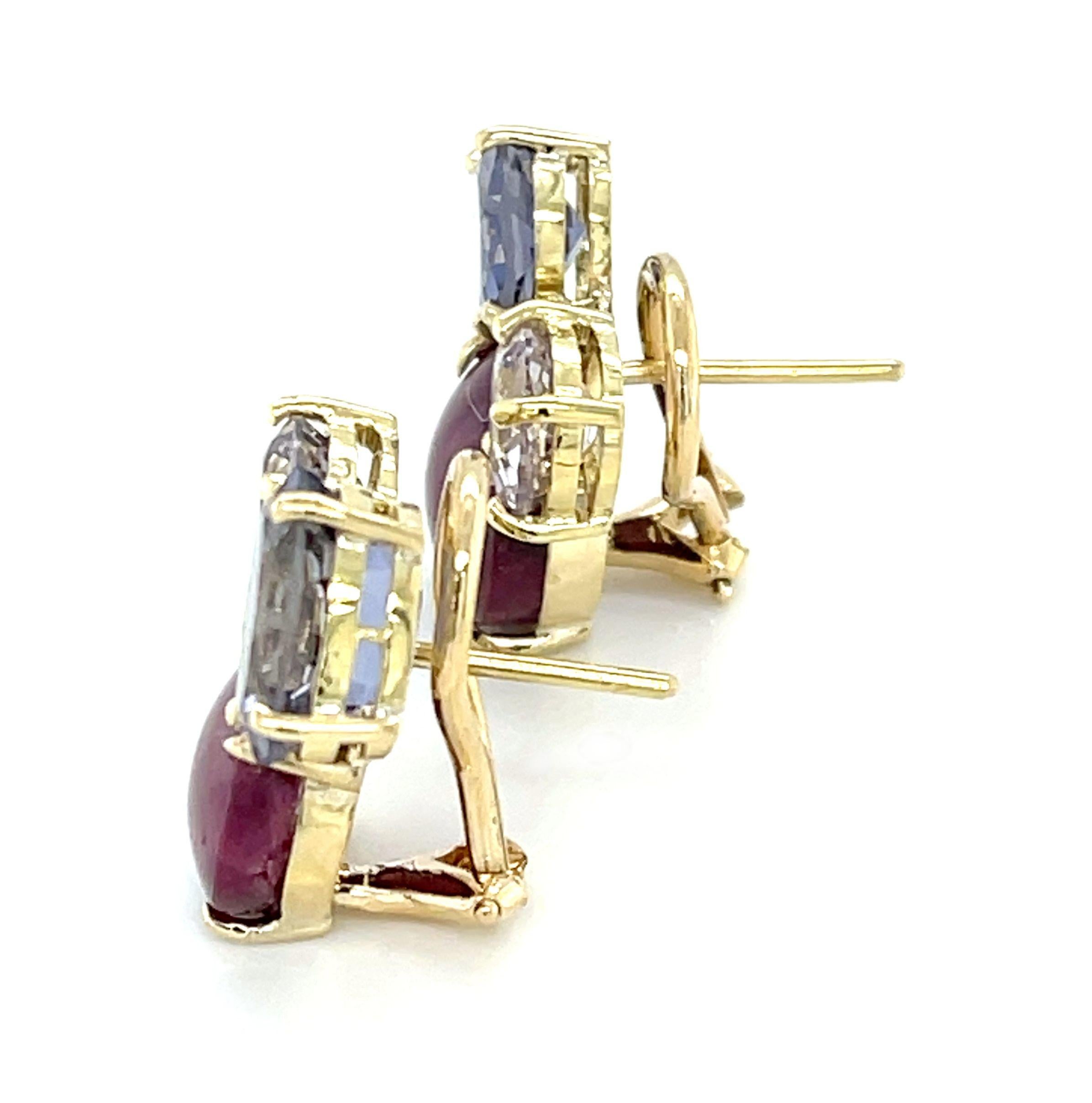 Cabochon Star Ruby, Faceted Iolite and Lavender Spinel Earrings in 18k Yellow Gold For Sale