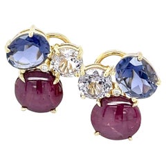 Star Ruby, Faceted Iolite and Lavender Spinel Earrings in 18k Yellow Gold Star Ruby, Faceted Iolite and Lavender Spinel Earrings in 18k Yellow Gold