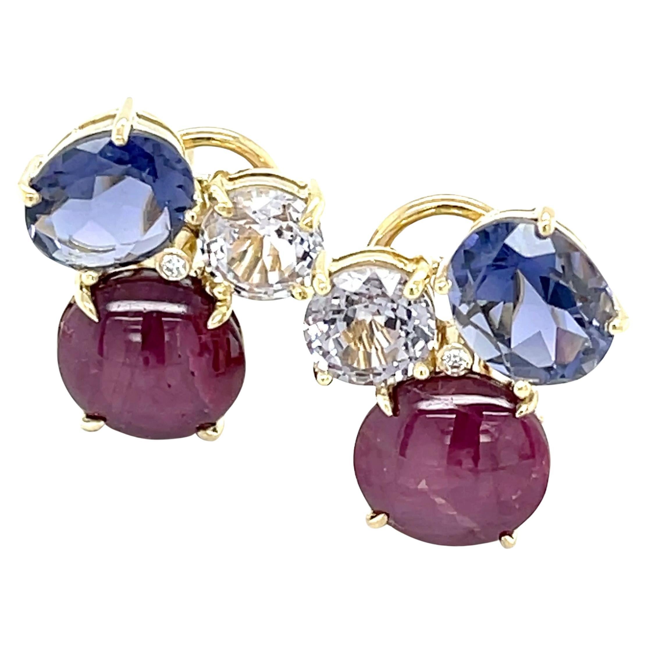 Pendientes de Rubí Estrella, Iolita Facetada y Espinela Lavanda en Oro Amarillo de 18k