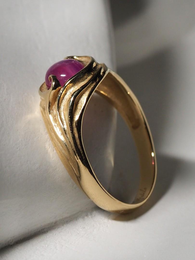 Star Ruby Gold Ring Hot Pink Natural Cabochon Gem Report Swirl Band For Sale 4