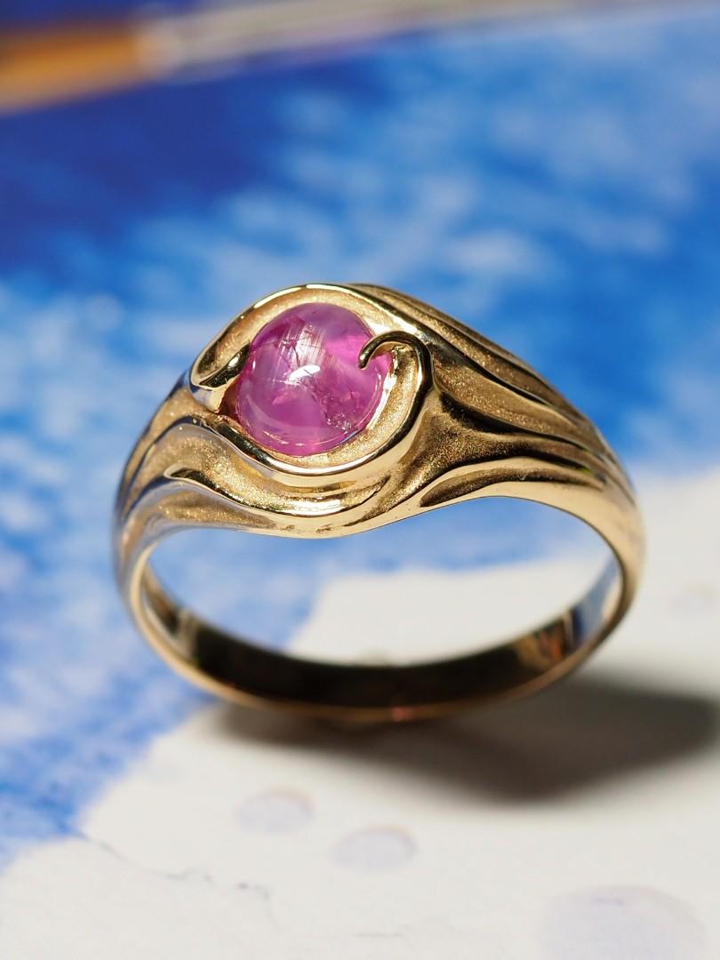 Art Deco Star Ruby Gold Ring Hot Pink Natural Cabochon Gem Report Swirl Band For Sale