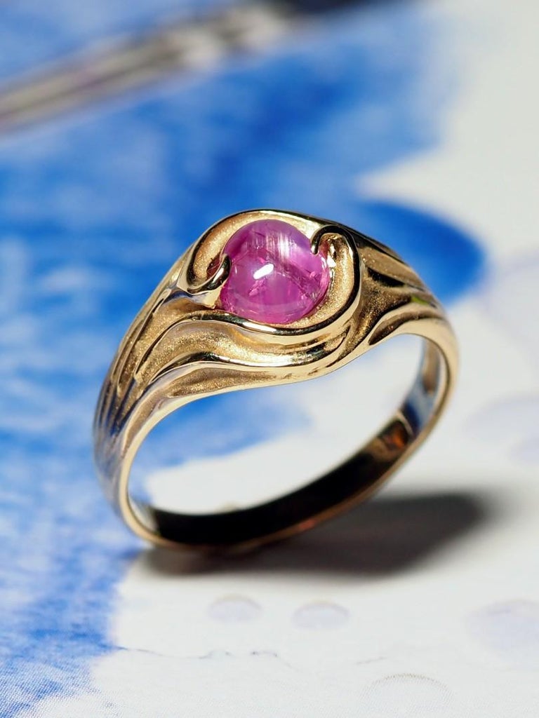 Star Ruby Gold Ring Hot Pink Natural Cabochon Gem Report Swirl Band ...