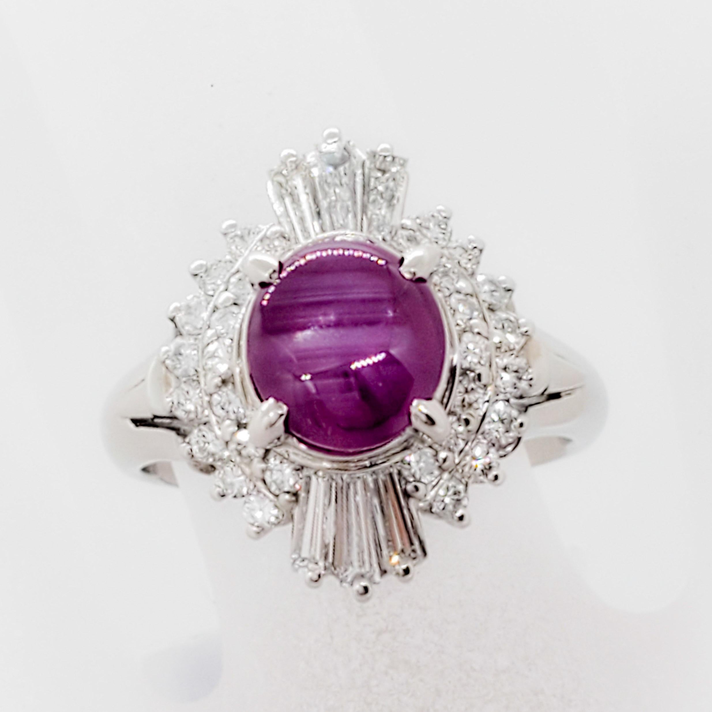 Star Ruby Oval Cabochon and White Diamond Cocktail Ring in Platinum In Excellent Condition In Los Angeles, CA