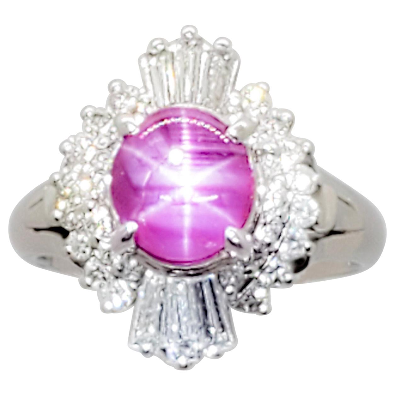 Star Ruby Oval Cabochon and White Diamond Cocktail Ring in Platinum
