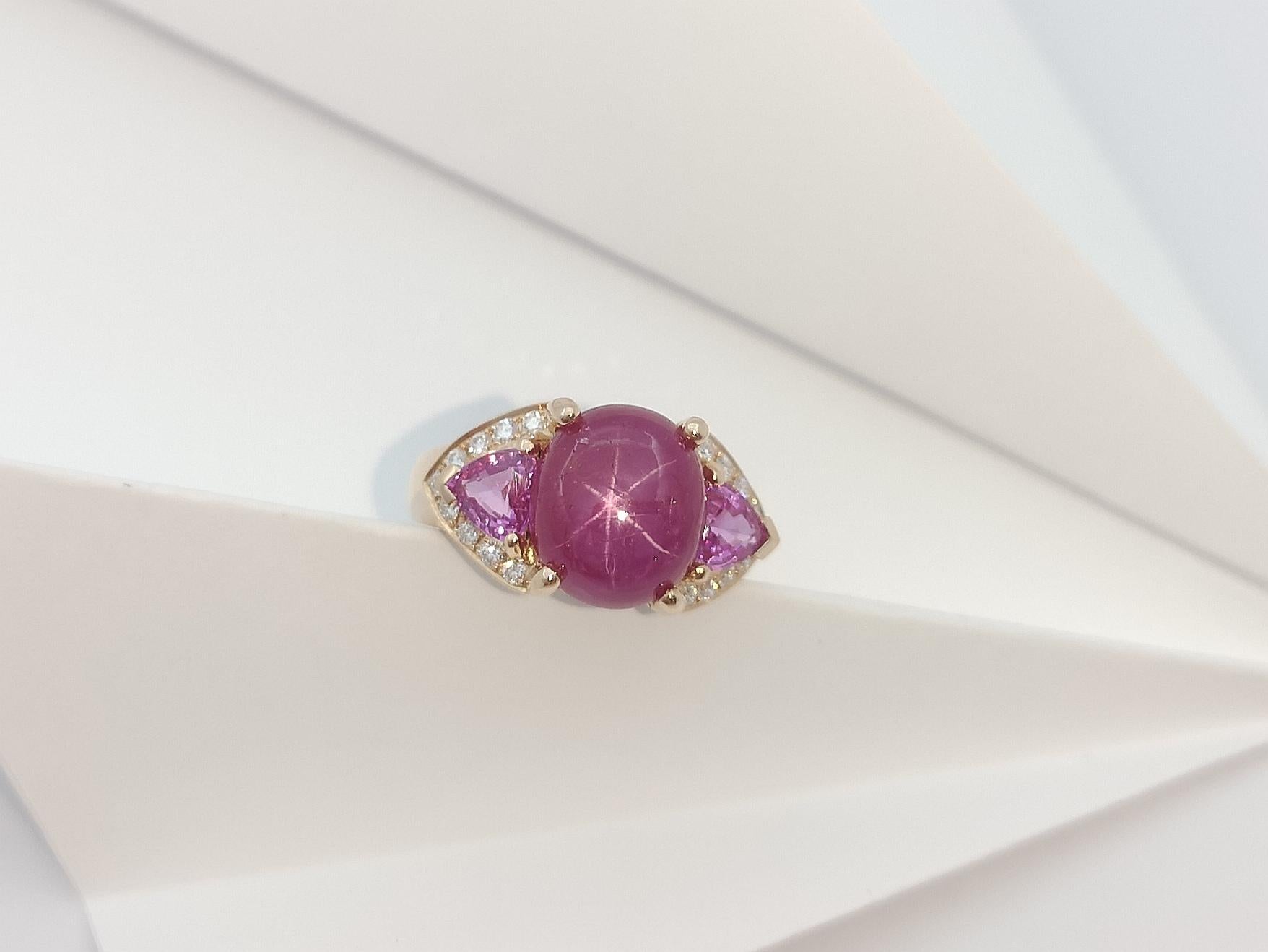 Women's Star Ruby, Pink Sapphire and Diamond Ring Set in 18 Karat Rose Gold Settings For Sale