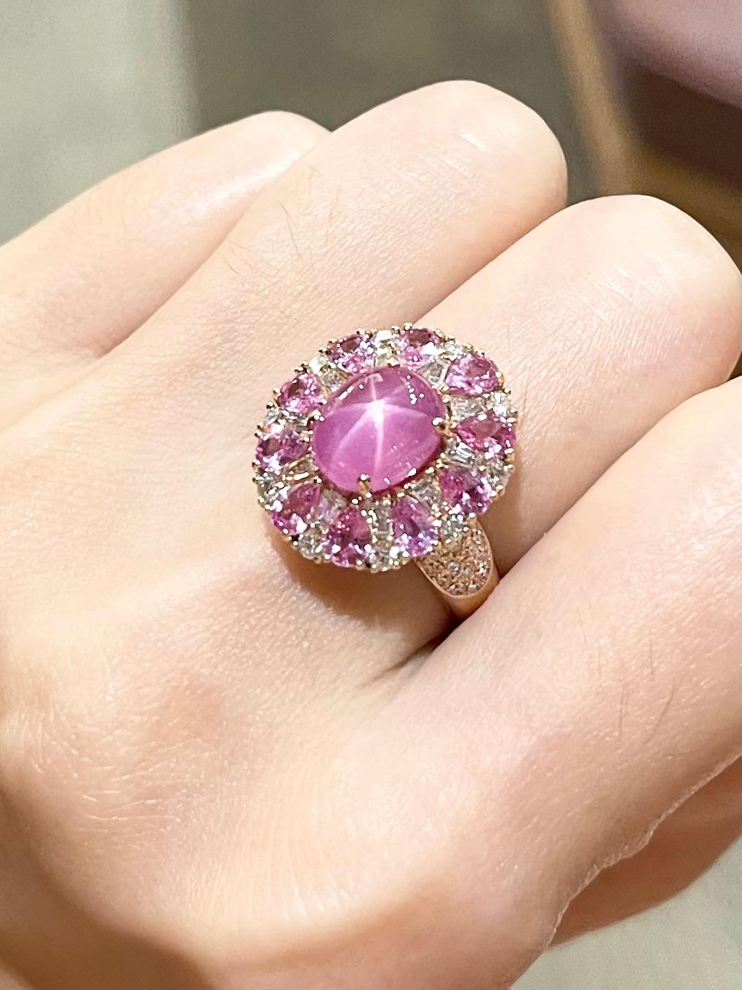 Star Ruby, Pink Sapphire and Diamond Ring set in 18K Rose Gold Settings For Sale 4