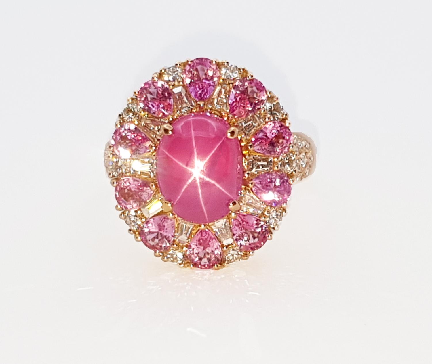 Star Ruby, Pink Sapphire and Diamond Ring set in 18K Rose Gold Settings For Sale 5