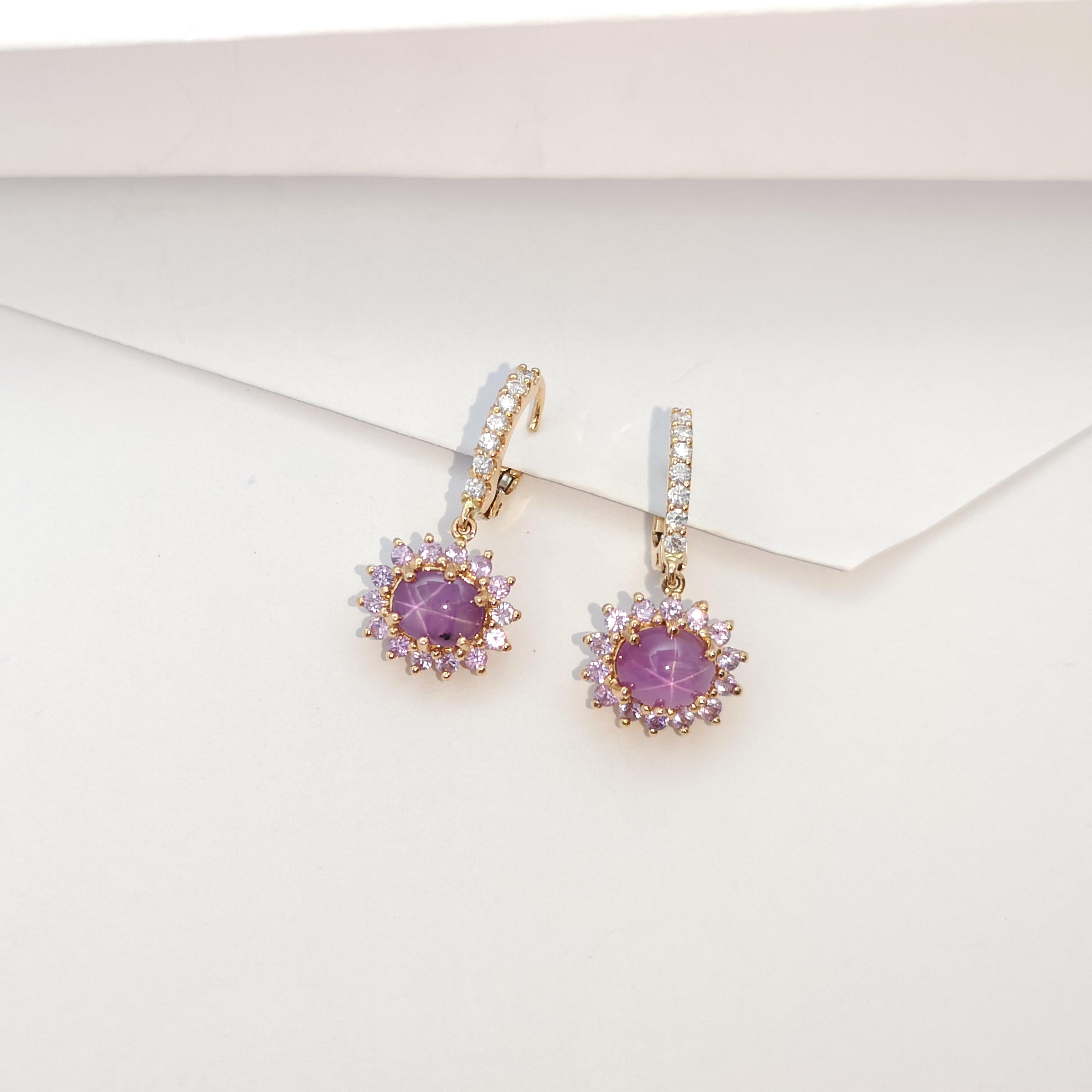 Cabochon Star Ruby, Purple Sapphire and Diamond Earrings set in 18 Karat Rose Gold  For Sale