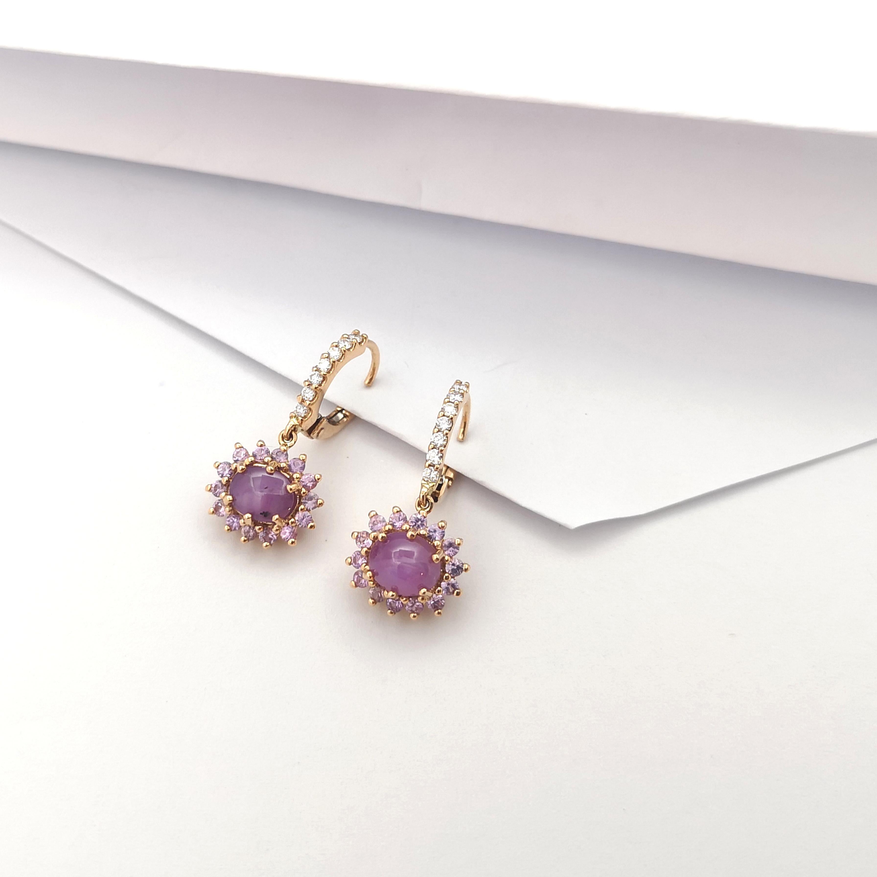Star Ruby, Purple Sapphire and Diamond Earrings set in 18 Karat Rose Gold  In New Condition For Sale In Bangkok, TH
