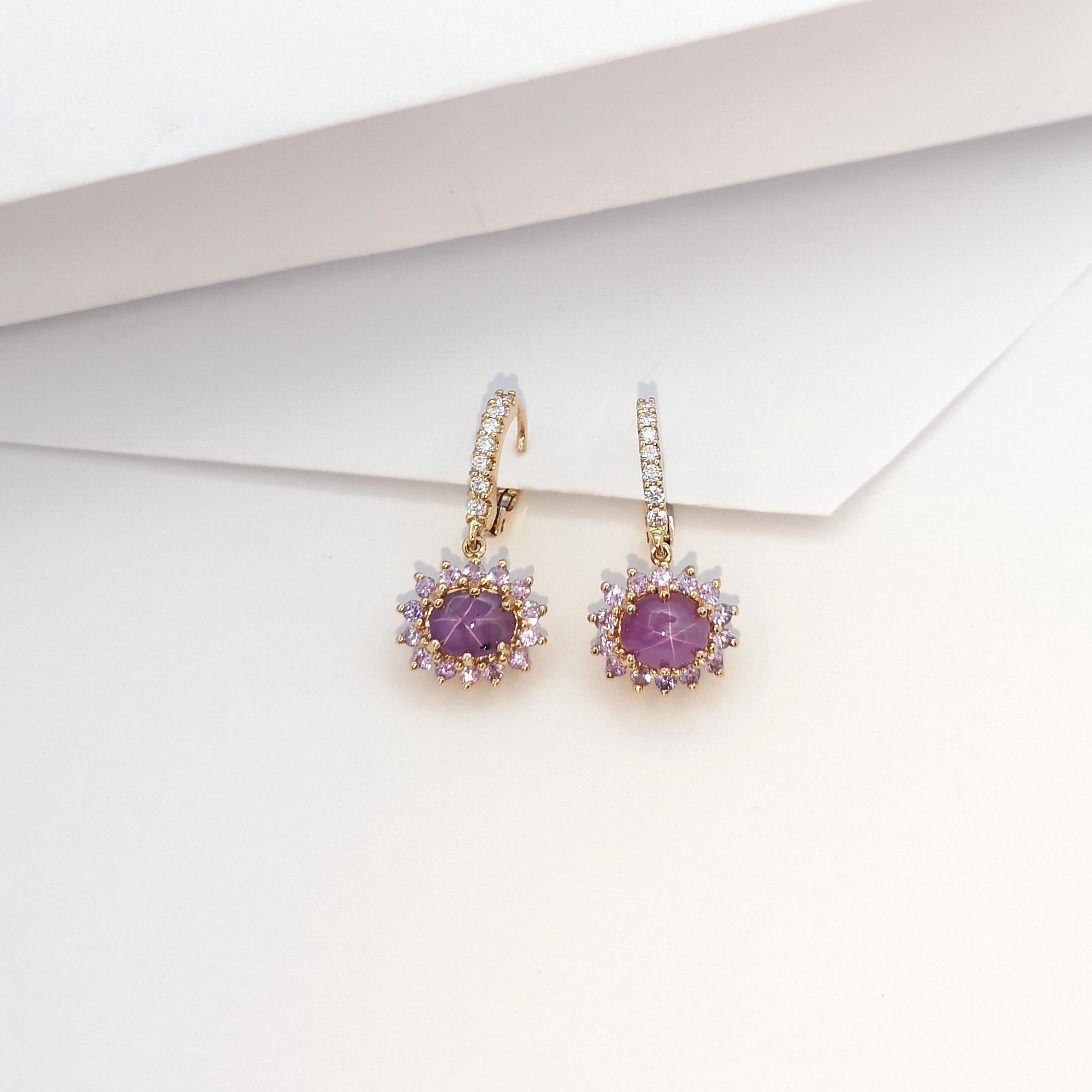 Women's Star Ruby, Purple Sapphire and Diamond Earrings set in 18 Karat Rose Gold  For Sale