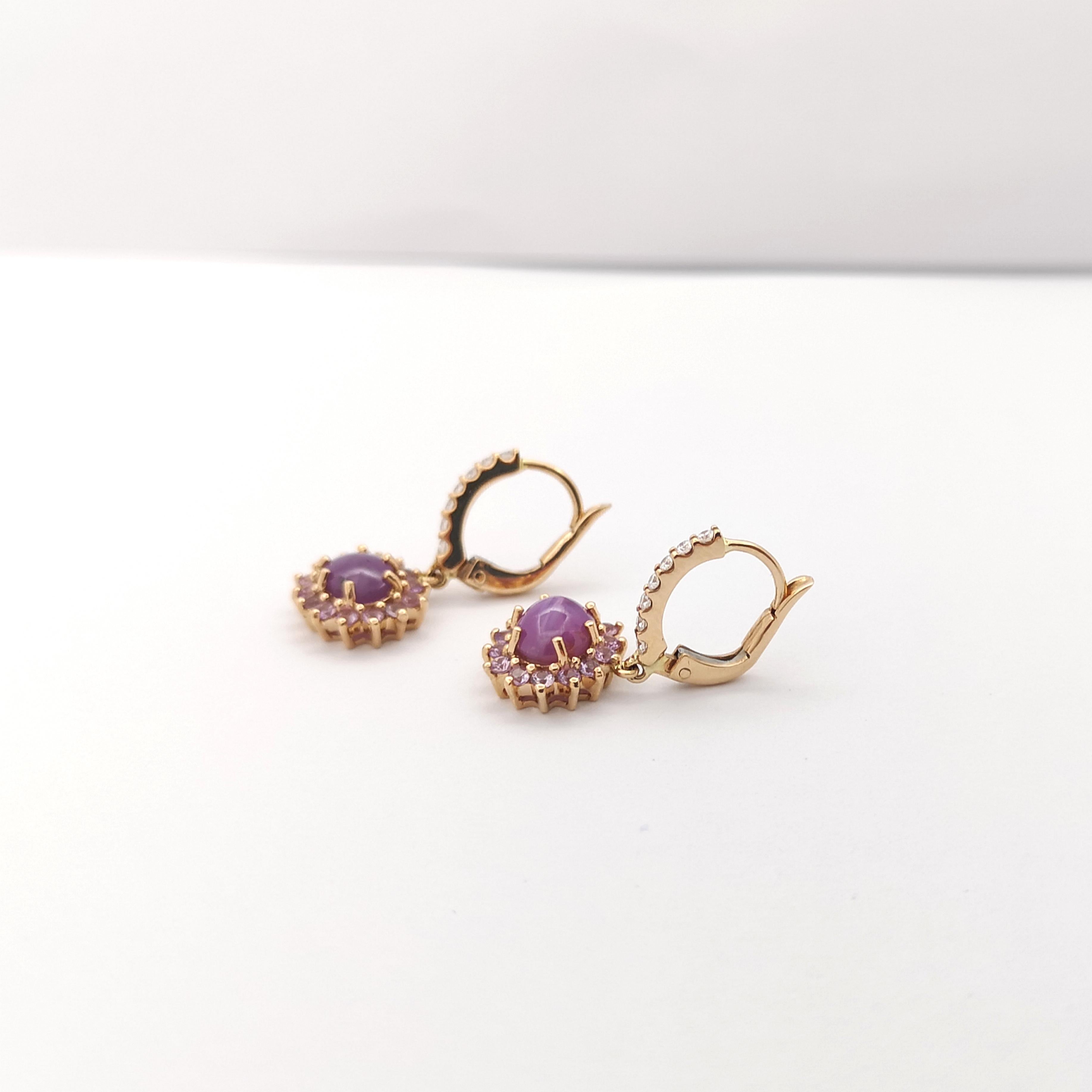 Star Ruby, Purple Sapphire and Diamond Earrings set in 18 Karat Rose Gold  For Sale 1