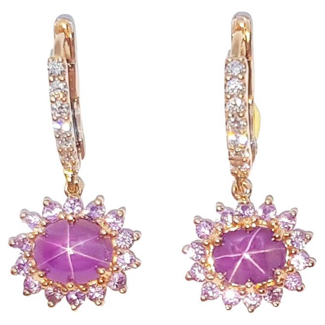 Star Ruby, Purple Sapphire and Diamond Earrings set in 18 Karat Rose Gold  For Sale