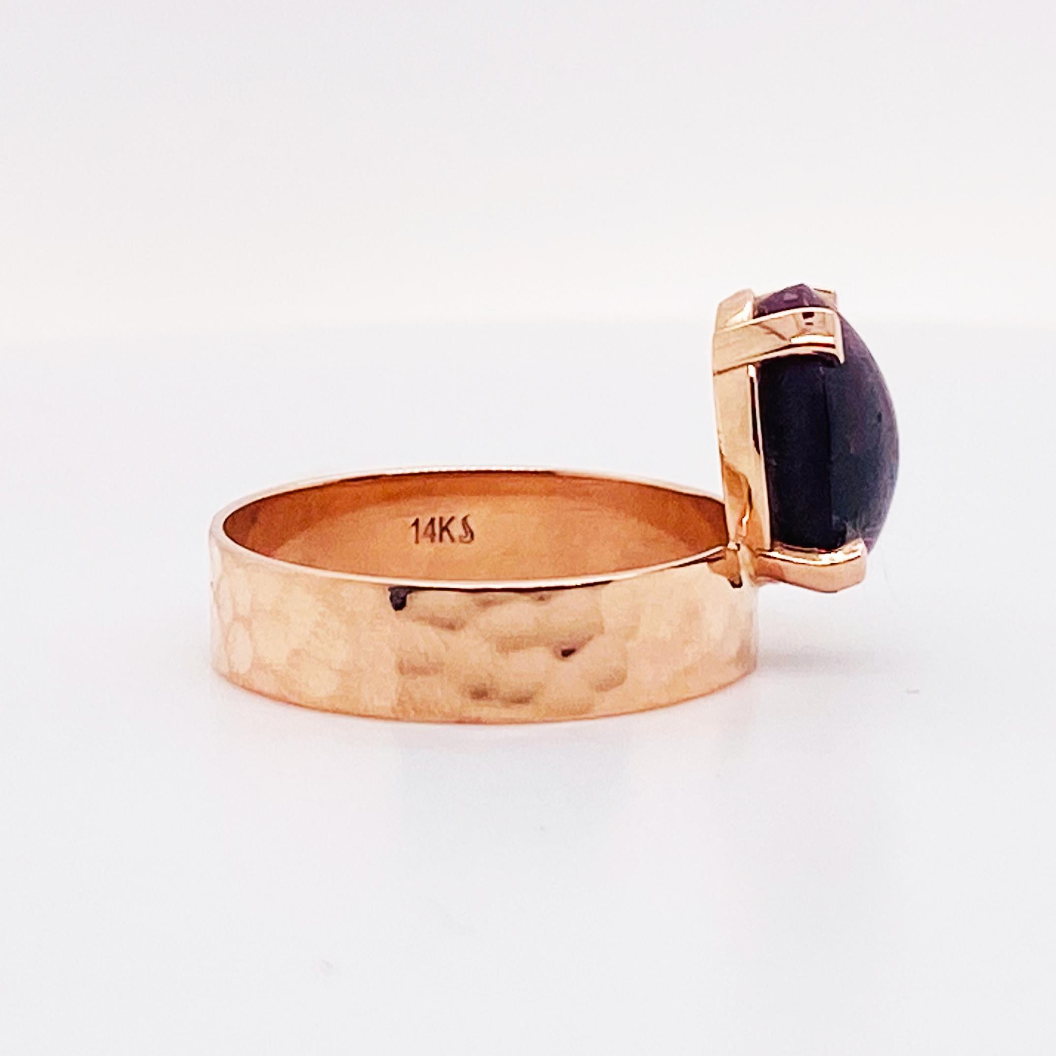 Artisan Star Ruby Rose Gold Ring 14K Custom Hammered Gemstone Wide Band 3.75 Carat Ruby  For Sale