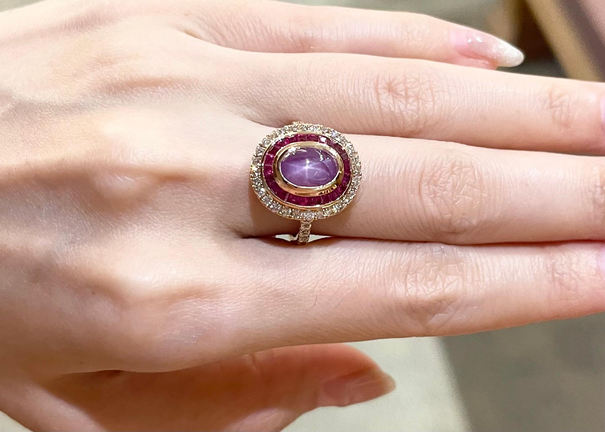 Anillo de rubí estrella, rubí y diamante marrón engastado en oro rosa de 18 quilates Contemporáneo en venta