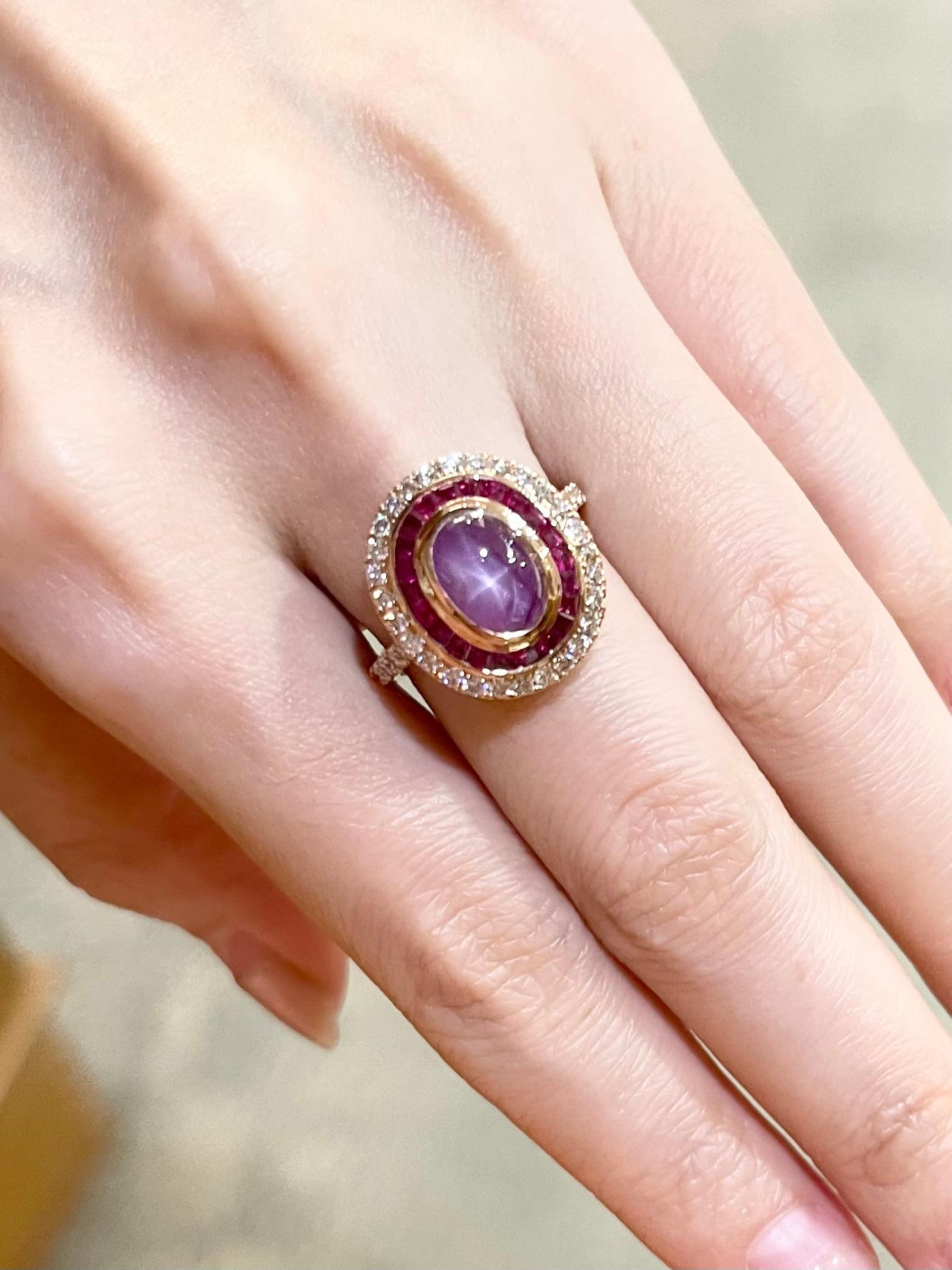 Anillo de rubí estrella, rubí y diamante marrón engastado en oro rosa de 18 quilates Sin cortar en venta