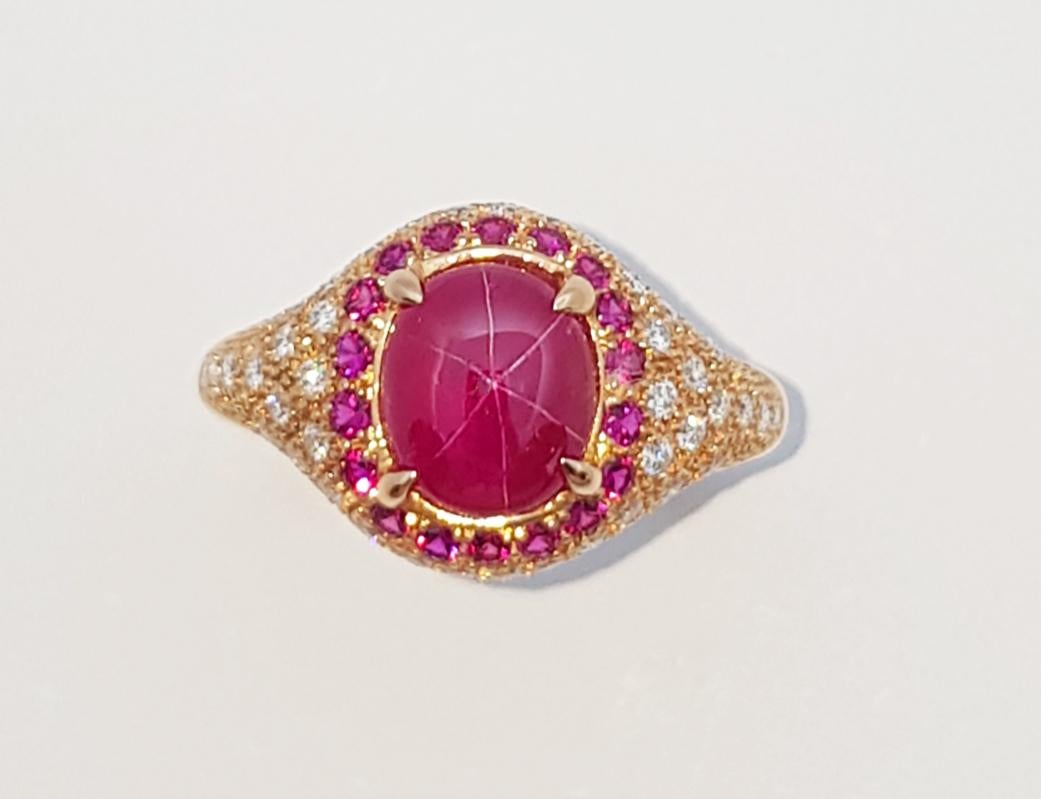 Star Ruby, Ruby  and Diamond Ring Set in 18 Karat Rose Gold Settings For Sale 6
