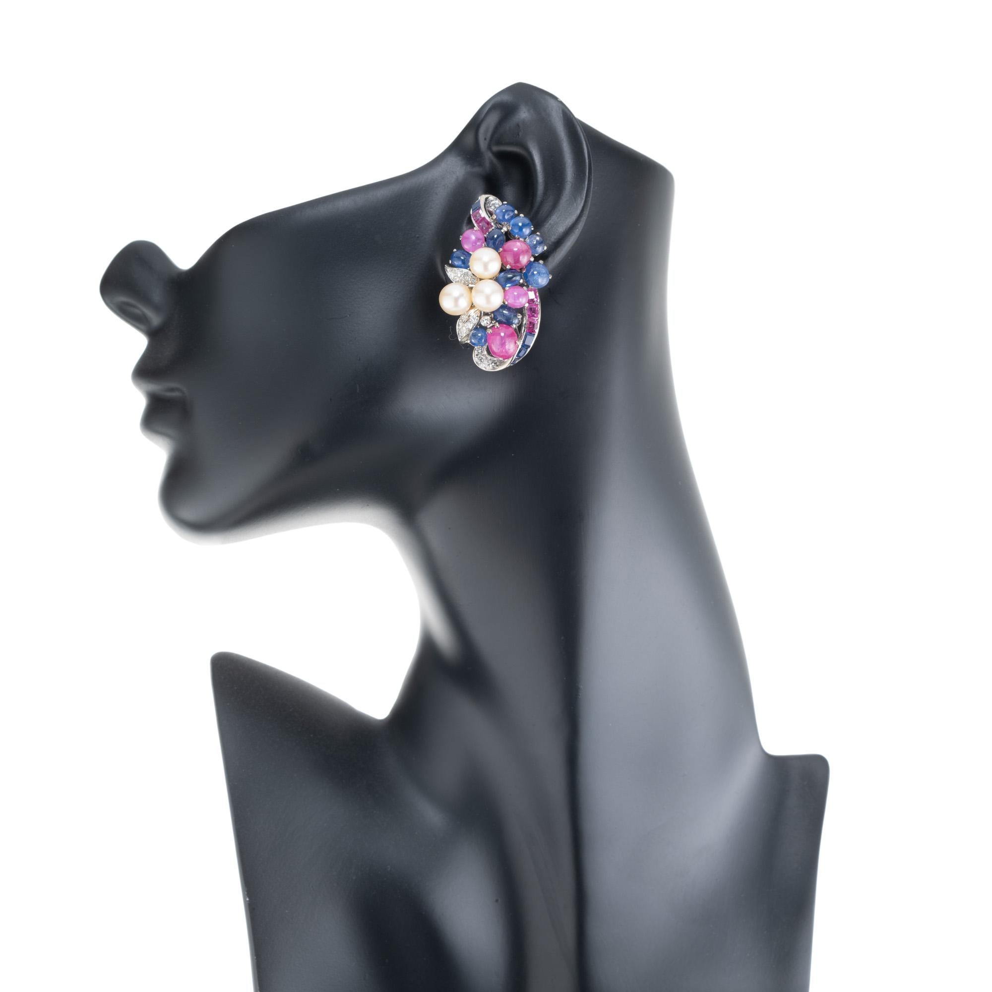 Women's  Star Ruby Sapphire Pearl Diamond Tutti Frutti 1950's Clip Post Earrings For Sale