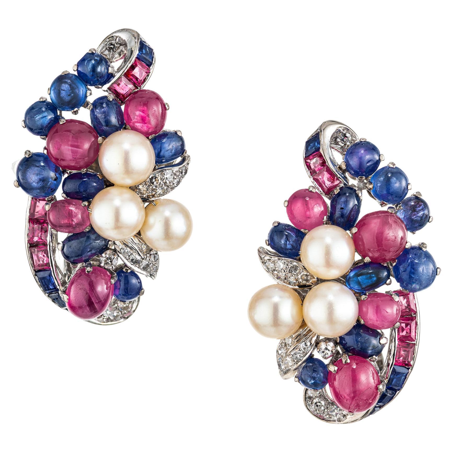  Star Ruby Sapphire Pearl Diamond Tutti Frutti 1950's Clip Post Earrings For Sale
