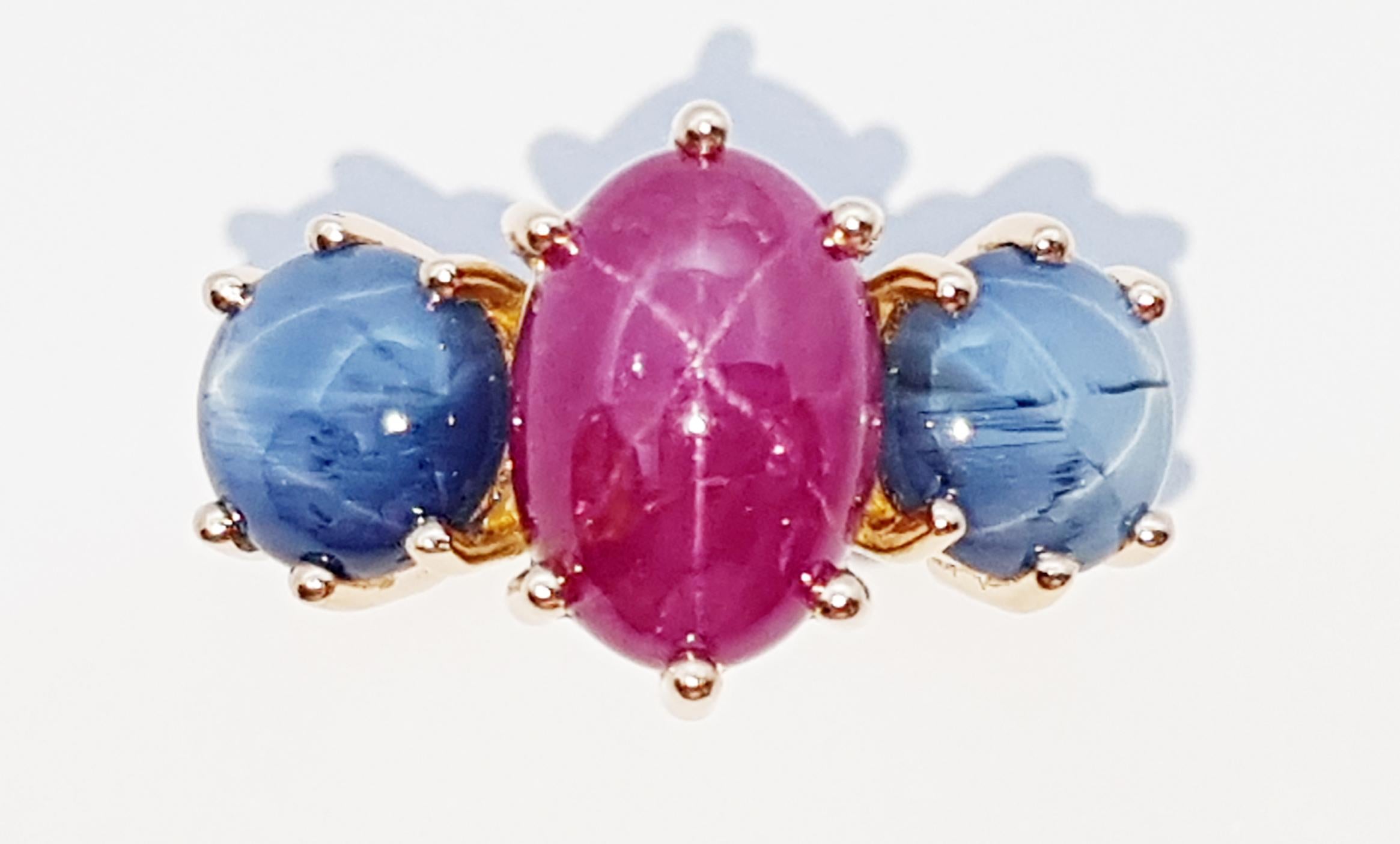 Star Ruby with Blue Star Sapphire Ring Set 18 Karat Rose Gold Settings For Sale 1