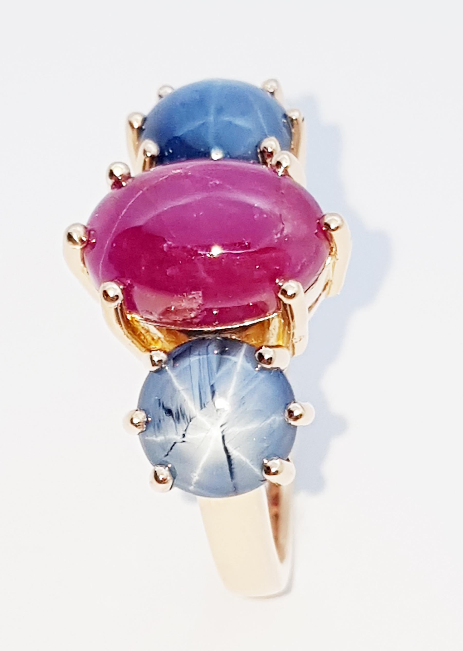 Anillo de Rubí Estrella con Zafiro Estrella Azul Engastado en Oro Rosa de 18 Kilates en venta 5