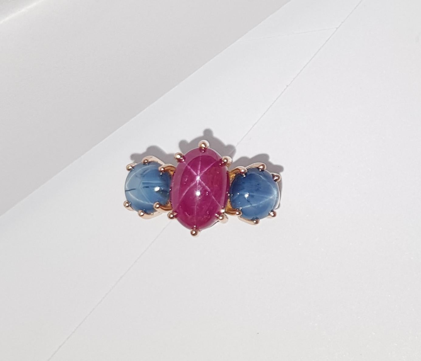 Star Ruby with Blue Star Sapphire Ring Set 18 Karat Rose Gold Settings For Sale 3