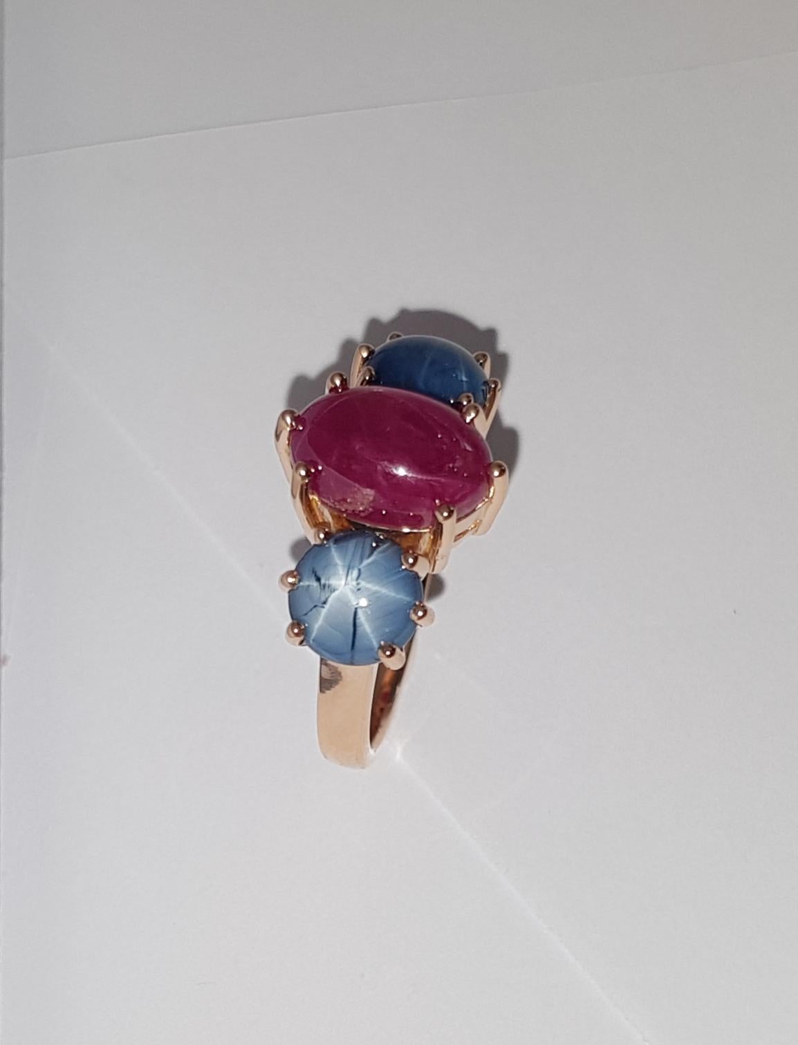 Star Ruby with Blue Star Sapphire Ring Set 18 Karat Rose Gold Settings For Sale 4