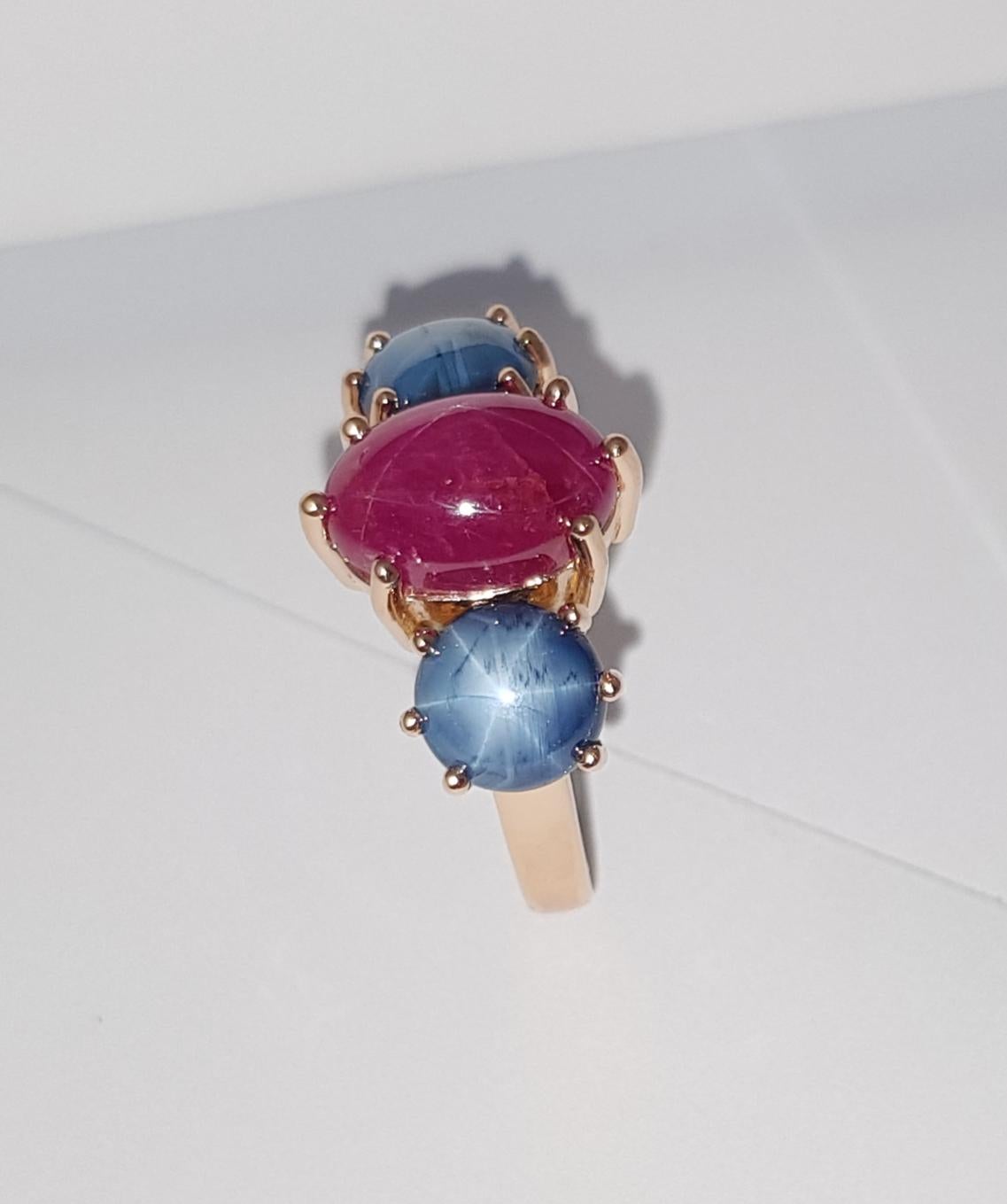 Star Ruby with Blue Star Sapphire Ring Set 18 Karat Rose Gold Settings For Sale 5
