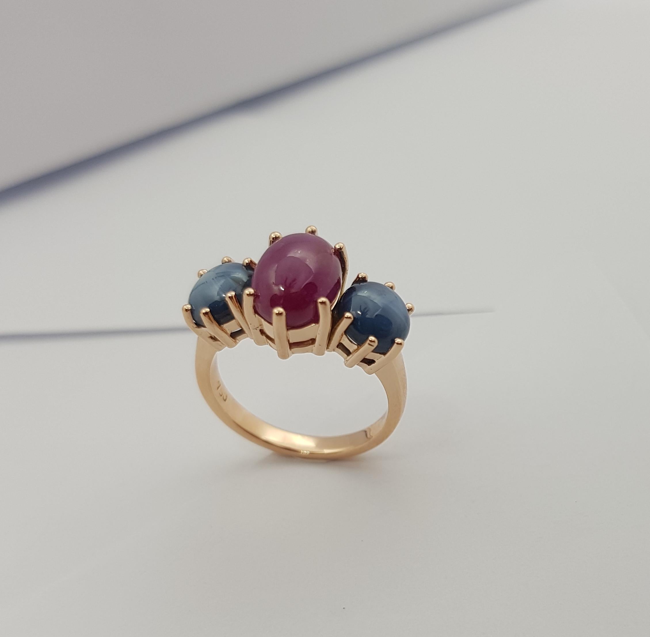 Star Ruby with Blue Star Sapphire Ring Set 18 Karat Rose Gold Settings For Sale 6